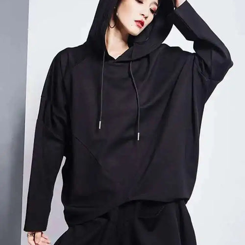 Load image into Gallery viewer, Black Irregular Hem Short Sweatshirt New Hooded Long Sleeve Women Big Size Fashion Tide Spring Autumn 2025 1DH7063
