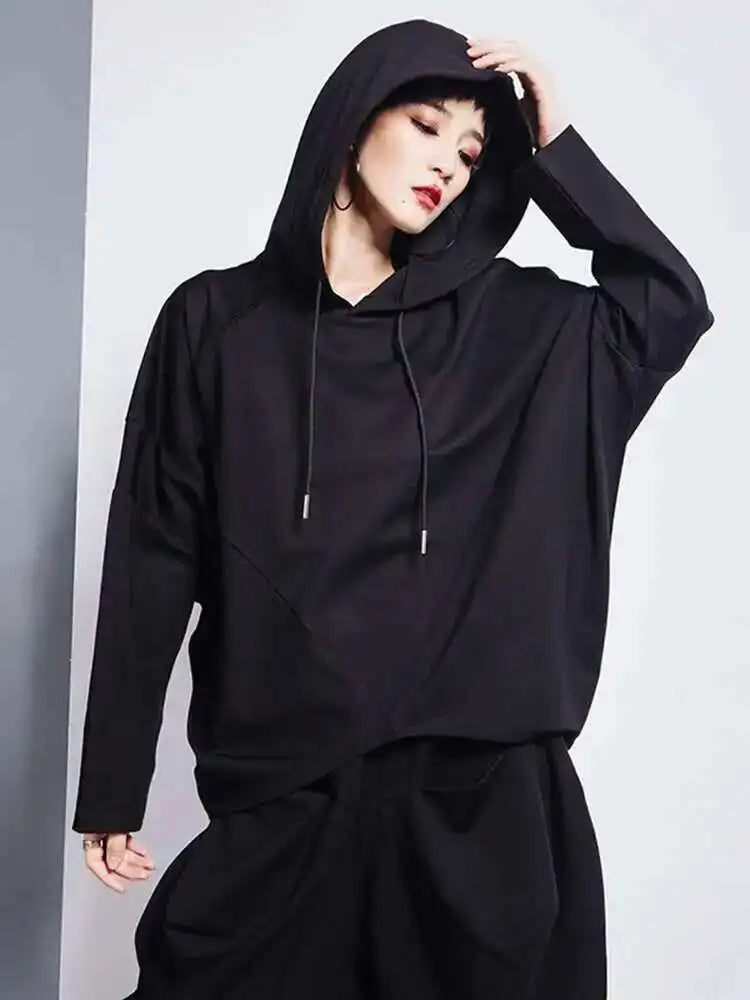 Black Irregular Hem Short Sweatshirt New Hooded Long Sleeve Women Big Size Fashion Tide Spring Autumn 2025 1DH7063