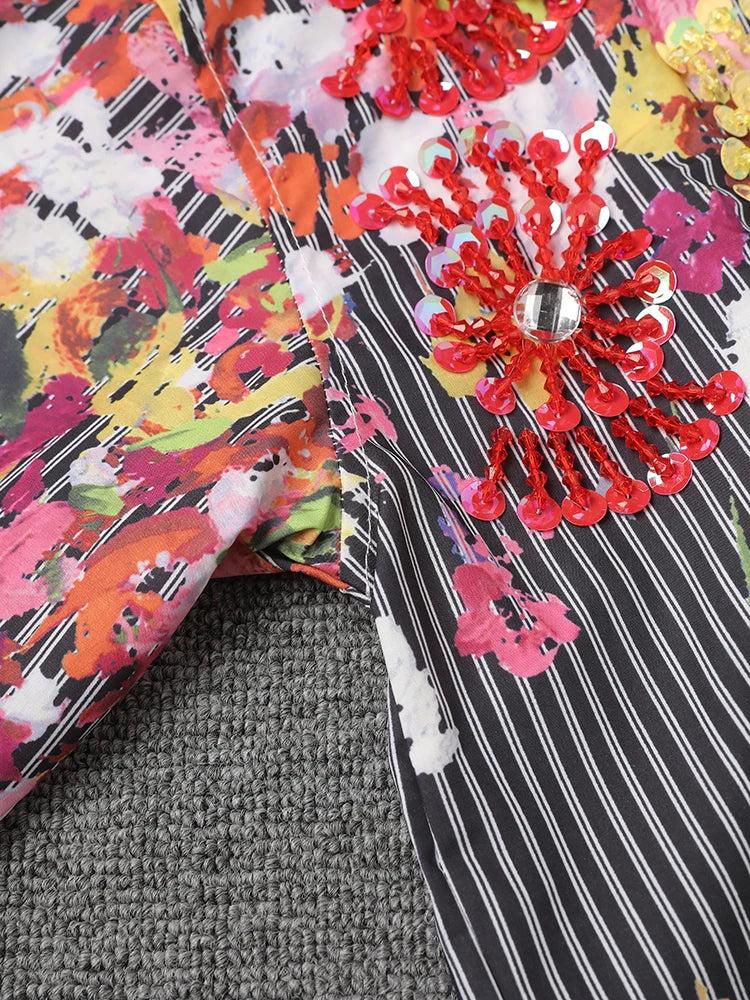 Women Black Striped Pattern Printed Big Size Blouse New Lapel Long Sleeve Shirt Fashion Tide Spring Autumn 2025 29L9965