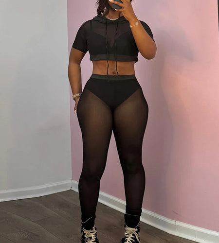 Mesh Casual Women 2 Piece Set Tracksuit Hooded Drawstring Crop Tops+Leggings Fitness Skinny Matching Streetwear Outfits