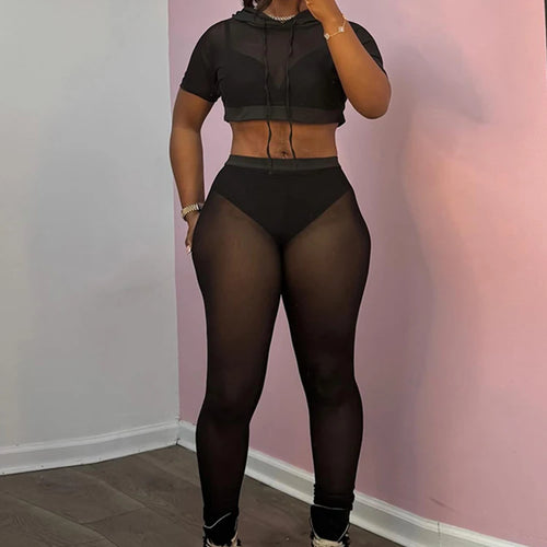 Load image into Gallery viewer, Mesh Casual Women 2 Piece Set Tracksuit Hooded Drawstring Crop Tops+Leggings Fitness Skinny Matching Streetwear Outfits
