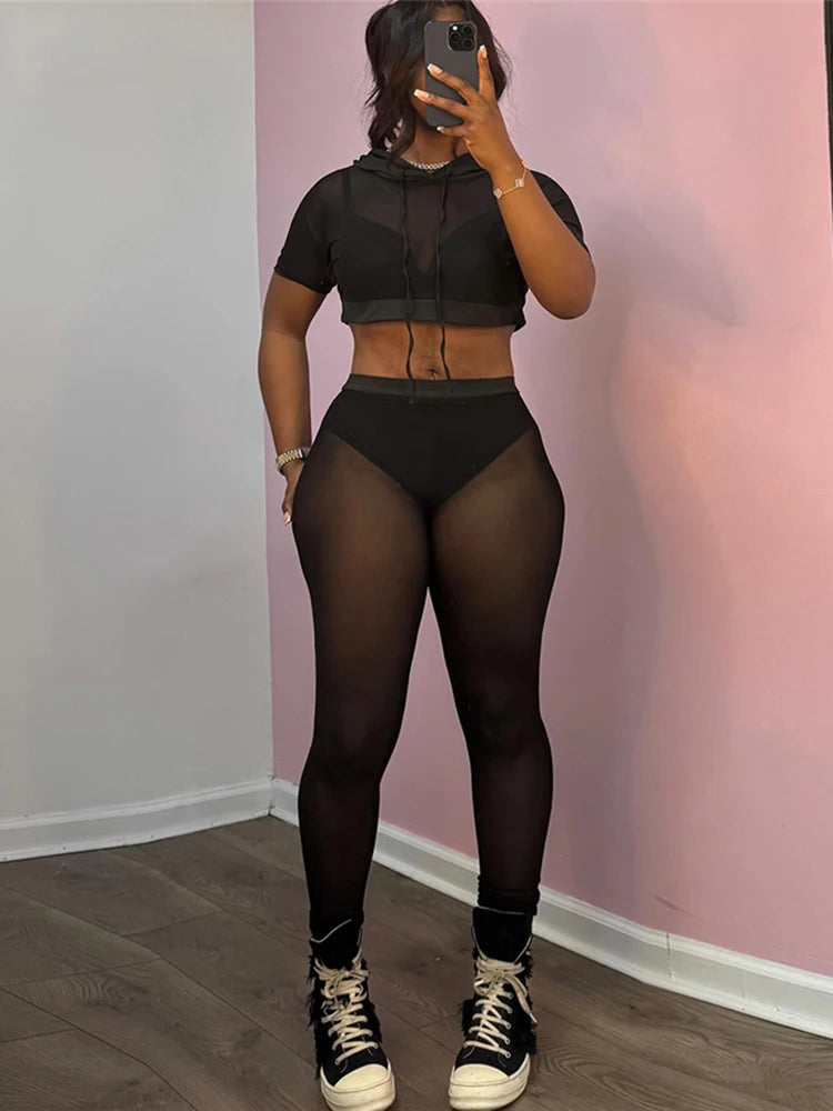 Mesh Casual Women 2 Piece Set Tracksuit Hooded Drawstring Crop Tops+Leggings Fitness Skinny Matching Streetwear Outfits