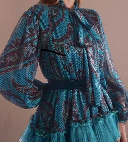 Hit Color Spliced Ruffles Dresses For Women O Neck Long Sleeve High Waist Temperament Long Dress Female Fashion New