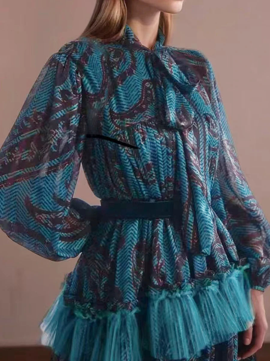 Hit Color Spliced Ruffles Dresses For Women O Neck Long Sleeve High Waist Temperament Long Dress Female Fashion New