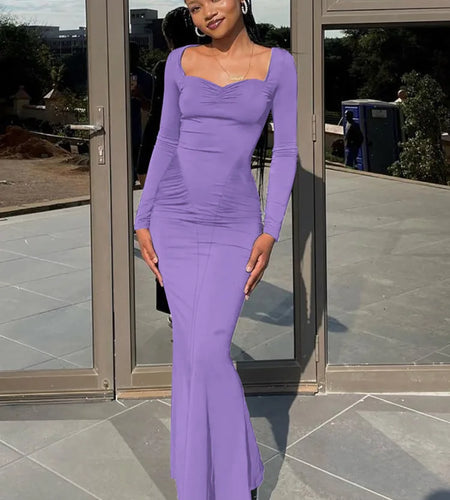 Square Collar Long Sleeve Sexy Long Dress For Women Gown Fashion Elegant Autumn Solid Bodycon Maxi Dress Clubwear