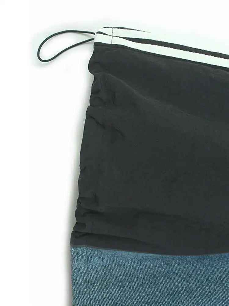High Elastic Waist Black Denim Color-block Drawstring A-line Half-body Skirt Women Fashion New Spring Autumn 2025 1DH8432