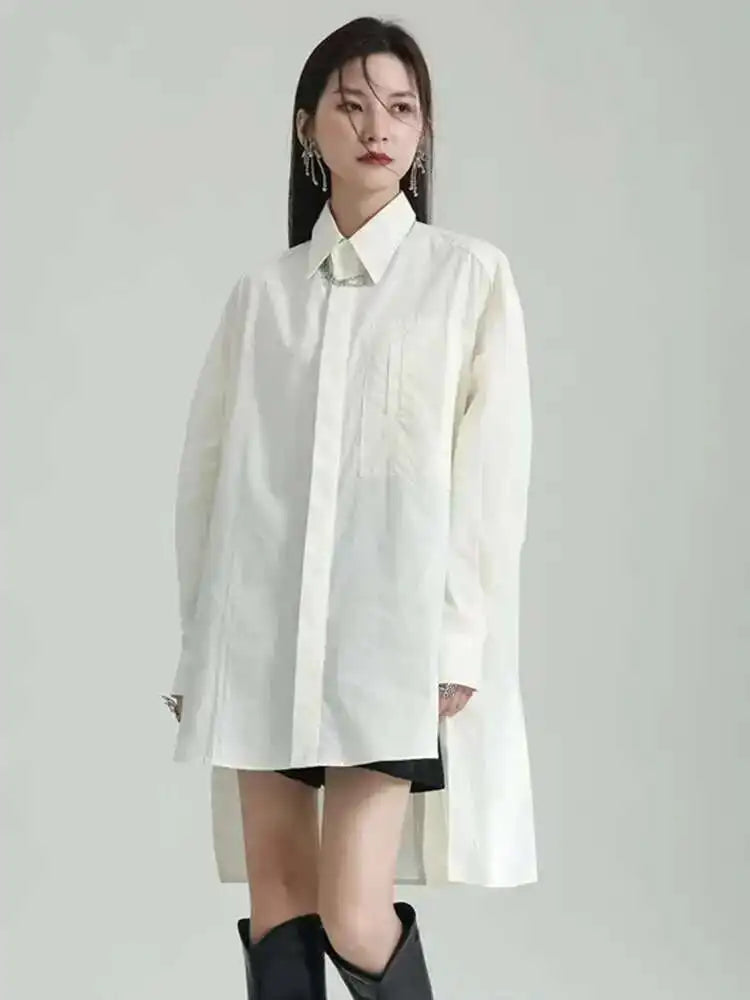 Women Blue Irregular Big Size Long Blouse New Lapel Long Sleeve Loose Fit Shirt Fashion Tide Spring Autumn 2025 1DF6598