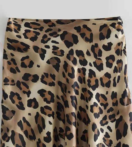 2024 Vintage Women's Leopard Print Satin Skirt Female Summer High Waist Midi Skirt Woman Fashion Elegant Long Skirts