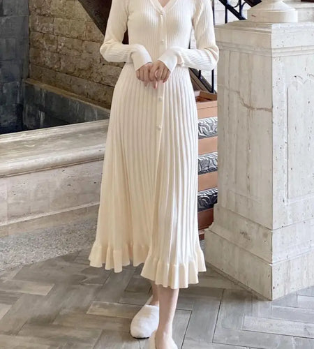 Women Retro White Long Sleeve Dresses Pink V-neck Single Breasted High Waist Ladies Elegant New Black Slim Knitting Dress Korean