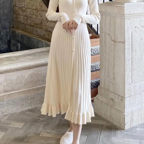 Load image into Gallery viewer, Women Retro White Long Sleeve Dresses Pink V-neck Single Breasted High Waist Ladies Elegant New Black Slim Knitting Dress Korean
