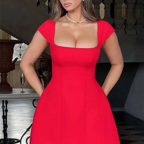 Load image into Gallery viewer, Square Collar Short Sleeve Mini Dress For Women Robe New Fashion Solid A-line Loose High Waist Short Dress Elegant

