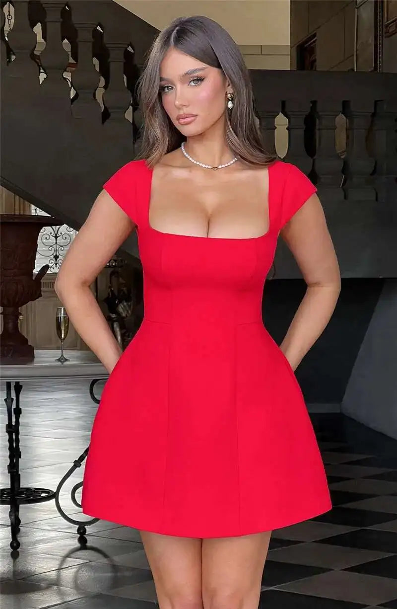 Square Collar Short Sleeve Mini Dress For Women Robe New Fashion Solid A-line Loose High Waist Short Dress Elegant