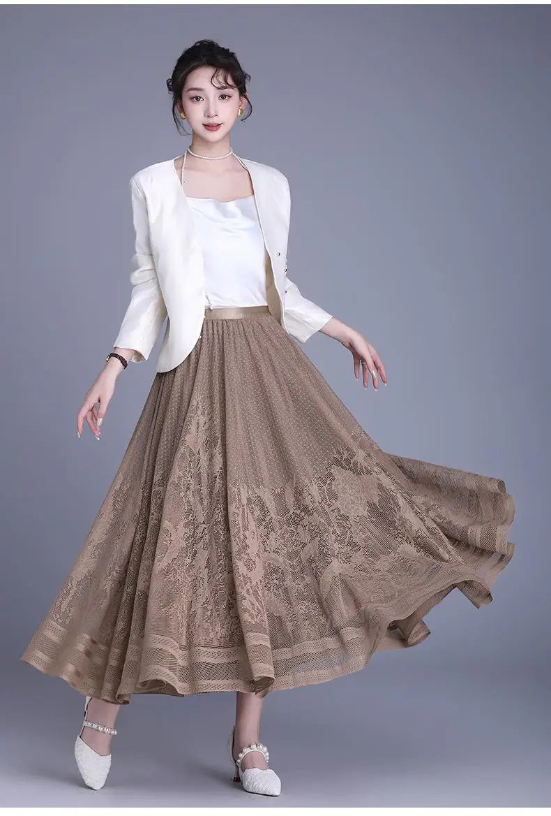 Spring Summer Women Vintage Black White Lace Elegant Long Skirts French Fashion Brown High Waist Vacation Pleated Skirt Popular