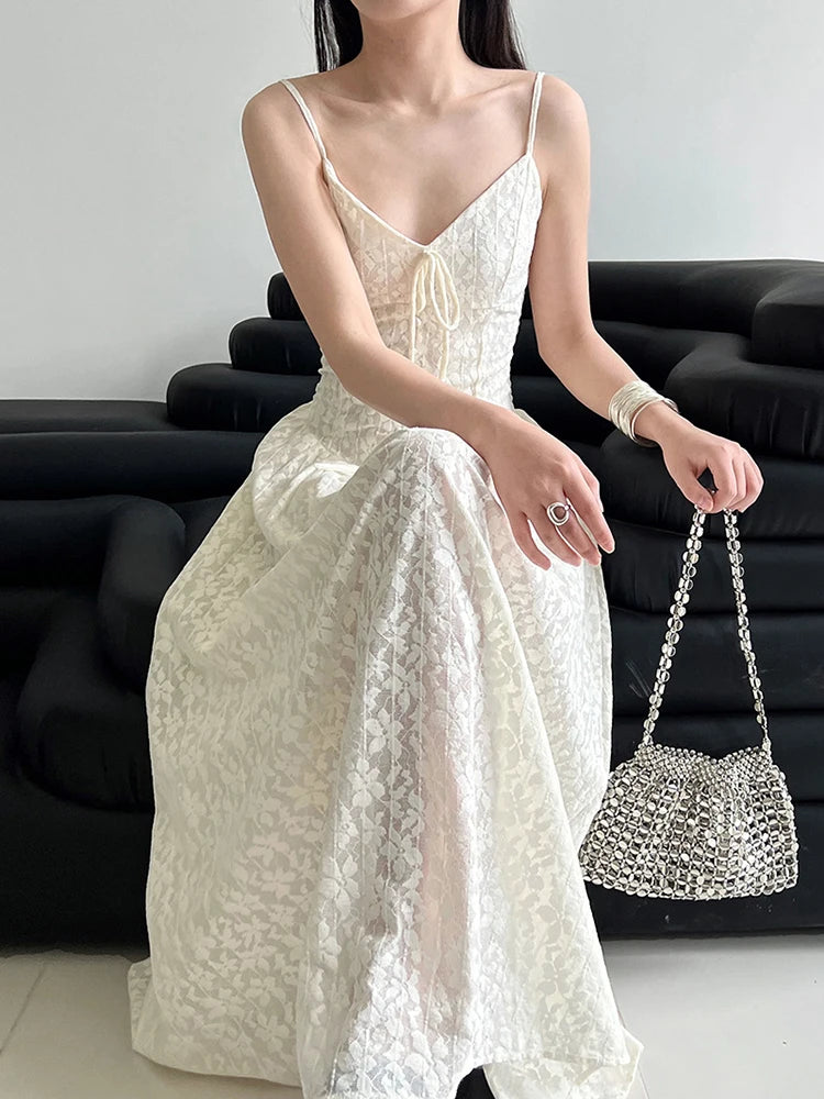 Women Green Printed Bandage Long Spaghetti Strap Dress New V-Neck Sleeveless Fashion Tide Spring Summer 2025 1DJ1311