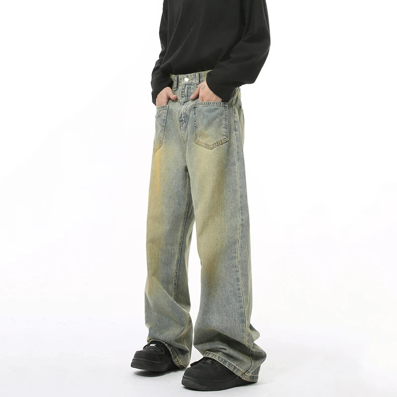 Men's American Style Jeans High Street Reverse Pockets Trendy Gradient Color Distressed Loose Male Denim Pants 9W1832