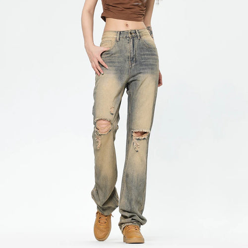 Load image into Gallery viewer, American Style Men&#39;s Jeans Printed Straight Wide Leg Hole Desing High Street Stylish Gradient Color Male Bottoms 9W1965
