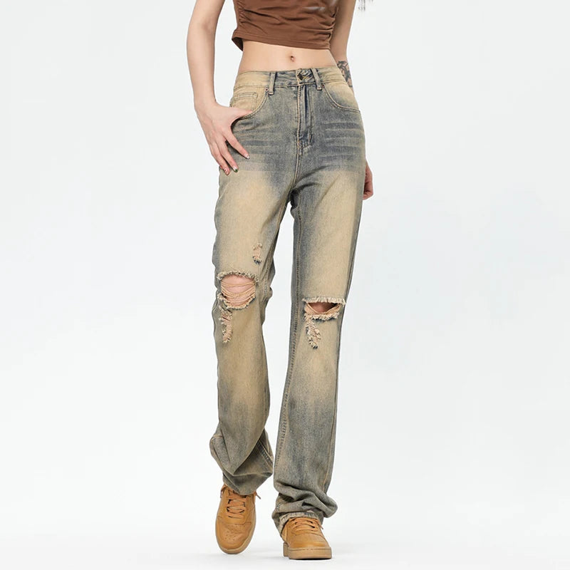 American Style Men's Jeans Printed Straight Wide Leg Hole Desing High Street Stylish Gradient Color Male Bottoms 9W1965