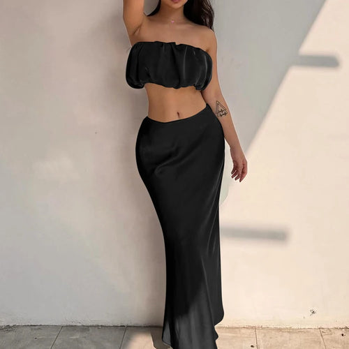 Load image into Gallery viewer, Fashion 2 Piece Sets Solid Strapless Draped Sexy Crop Top Zipper Maxi Skirt Women Clothes Birthday Party Vacation
