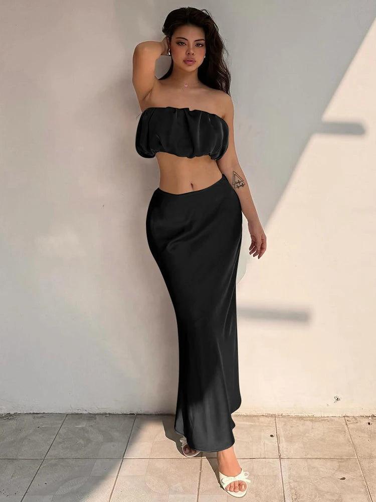 Fashion 2 Piece Sets Solid Strapless Draped Sexy Crop Top Zipper Maxi Skirt Women Clothes Birthday Party Vacation