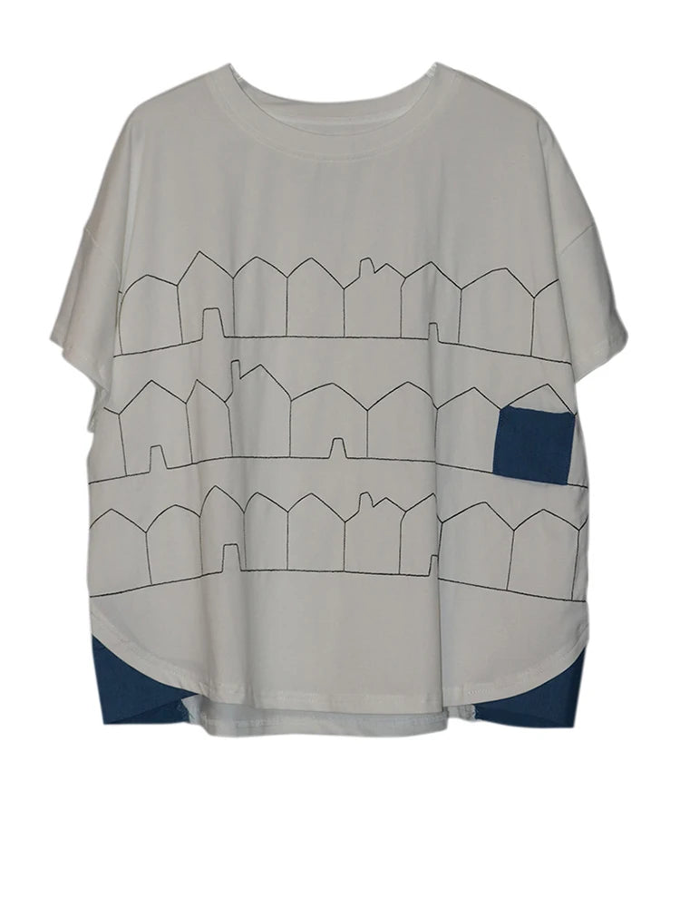 Women Black Pattern Printed Big Size Casual T-shirt New Round Neck Short Sleeve Fashion Tide Spring Summer 2025 1DJ1186