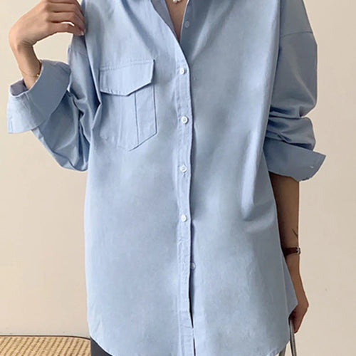 Load image into Gallery viewer, Simple Blue Casual Loose Shirts Chic Single Breasted Polo Neck Solid Color Fashion Female Streetwear French Style Shirt
