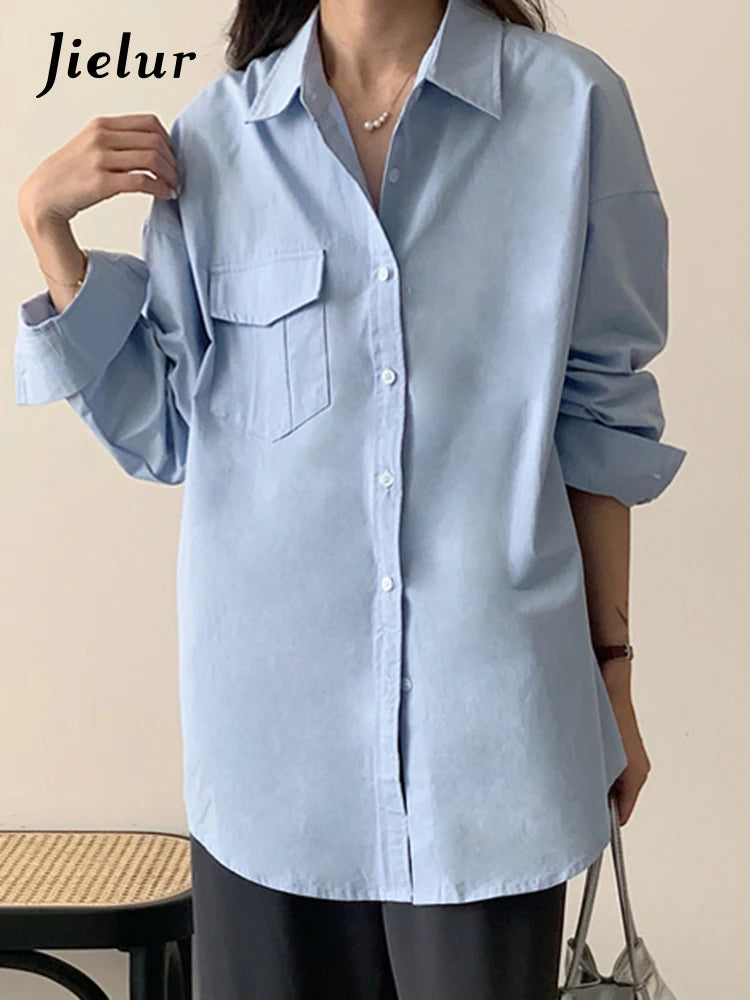 Simple Blue Casual Loose Shirts Chic Single Breasted Polo Neck Solid Color Fashion Female Streetwear French Style Shirt