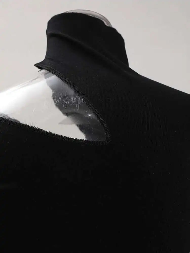 Women Black Hollow Out Slim Elegant Plain T-shirt New Turtleneck Long Sleeve Fashion Tide Spring Autumn 2025 CPDB103