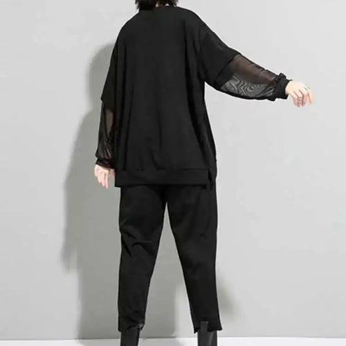 Load image into Gallery viewer, Women Black Zippper Mesh Spliced Big Size T-shirt New Round Neck Long Sleeve  Fashion Tide  Spring Autumn 2025 1DD5774
