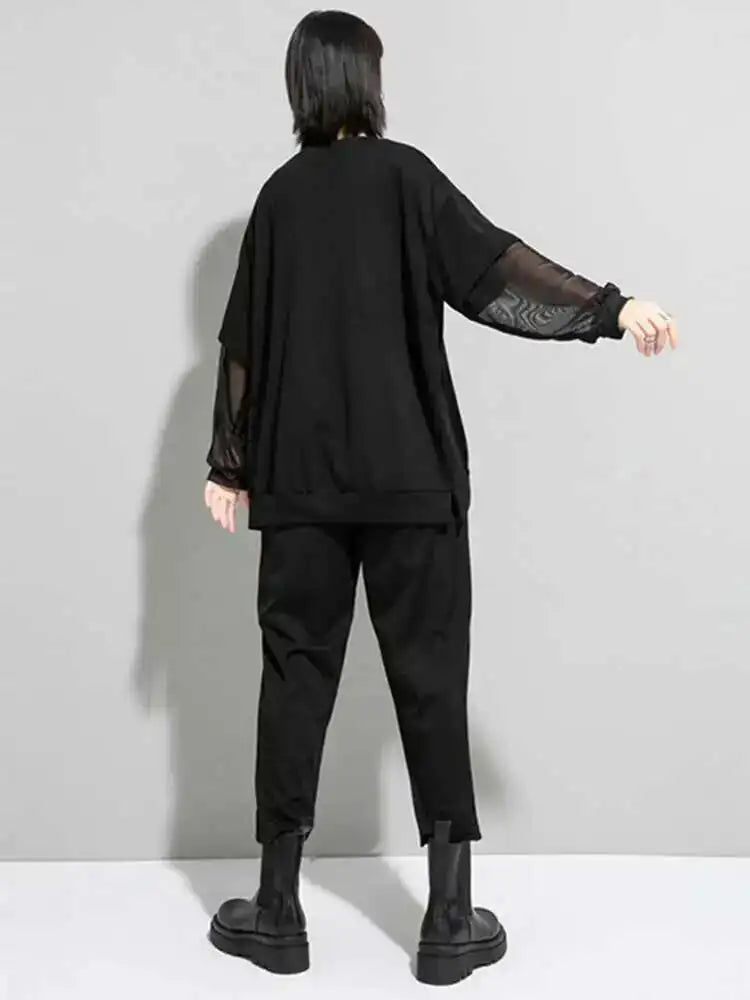 Women Black Zippper Mesh Spliced Big Size T-shirt New Round Neck Long Sleeve  Fashion Tide  Spring Autumn 2025 1DD5774