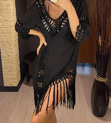 Sexy Backless Hollow Out Fringe Tassel Tunic Beach Cover Up Cover-ups Beach Dress Beach Wear Beachwear Female Women V2650