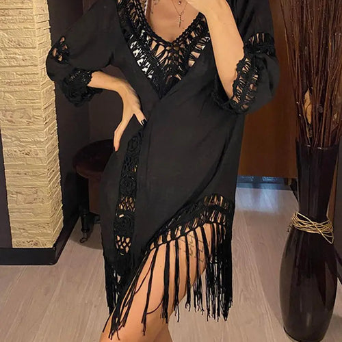 Load image into Gallery viewer, Sexy Backless Hollow Out Fringe Tassel Tunic Beach Cover Up Cover-ups Beach Dress Beach Wear Beachwear Female Women V2650
