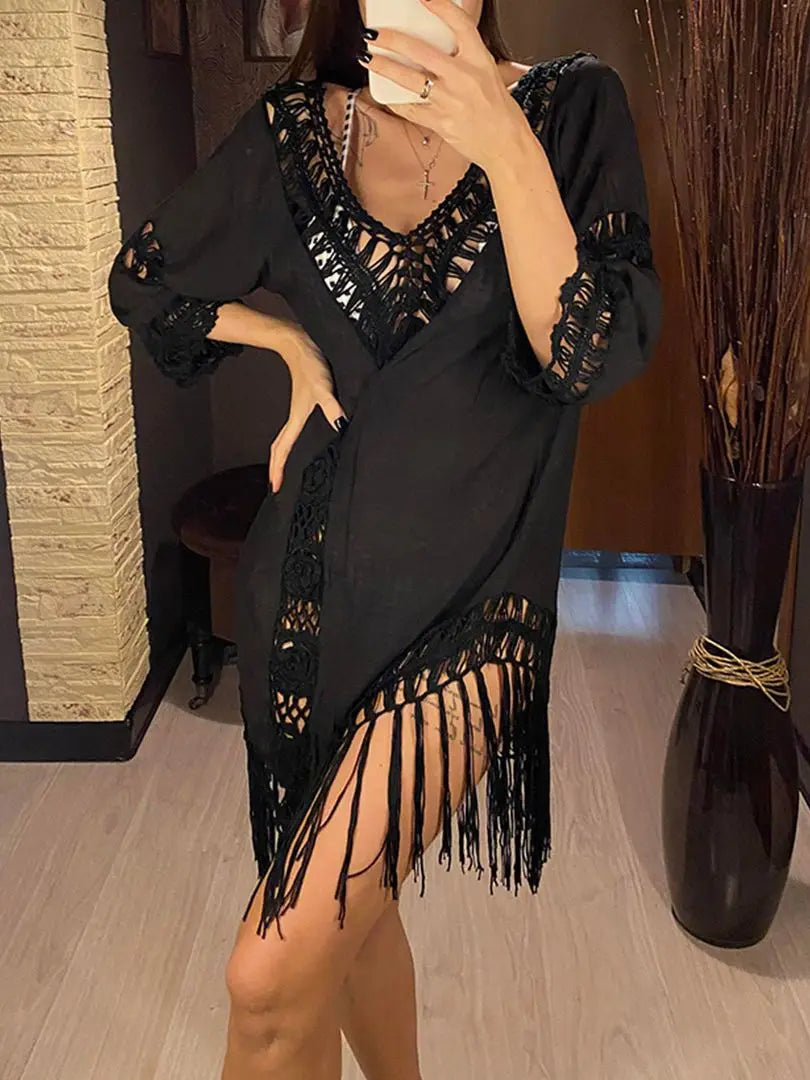 Sexy Backless Hollow Out Fringe Tassel Tunic Beach Cover Up Cover-ups Beach Dress Beach Wear Beachwear Female Women V2650