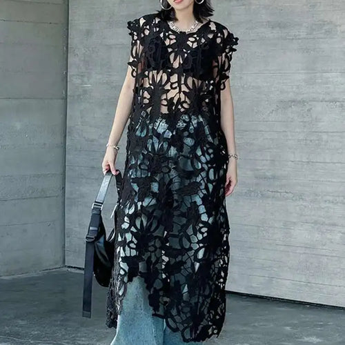 Load image into Gallery viewer, Women Black Lace Hollow Out Perspective Big Size Dress New Round Neck Sleeveless Fashion Tide Spring Summer 2025 1DJ0243
