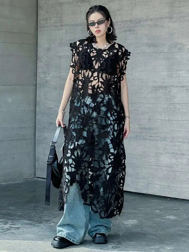 Women Black Lace Hollow Out Perspective Big Size Dress New Round Neck Sleeveless Fashion Tide Spring Summer 2025 1DJ0243