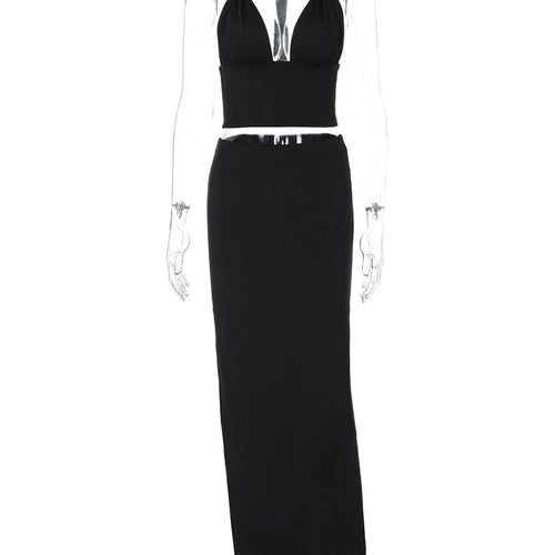 Load image into Gallery viewer, Elegant Summer 2 Piece Sets Women Metal Ring Crop Tops And Maxi Skirt Female Fashion Solid Lace-up Beach Two Piece Sets
