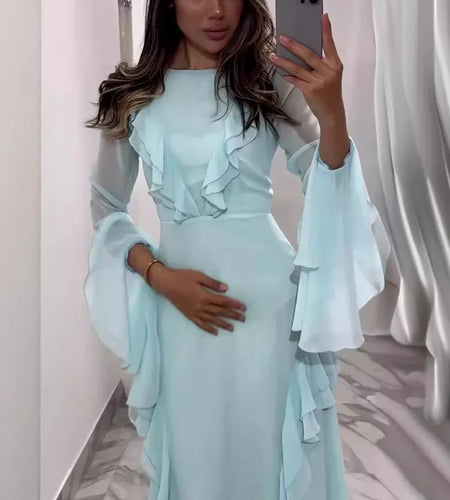 Elegant Long Sleeved Ruffled Bodycon Women Dress Fall 2024 New Mesh Hollow Out Evening Dress Slim Fit Party Club Vestidos