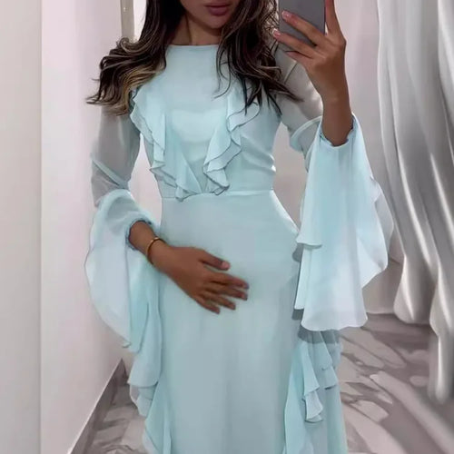 Load image into Gallery viewer, Elegant Long Sleeved Ruffled Bodycon Women Dress Fall 2024 New Mesh Hollow Out Evening Dress Slim Fit Party Club Vestidos
