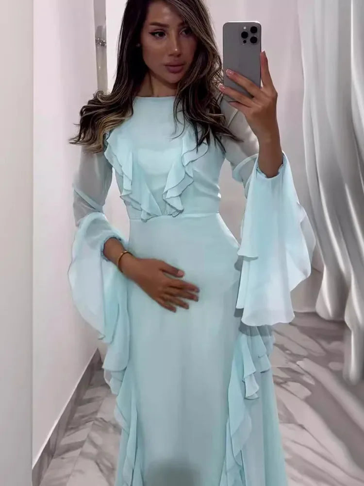 Elegant Long Sleeved Ruffled Bodycon Women Dress Fall 2024 New Mesh Hollow Out Evening Dress Slim Fit Party Club Vestidos