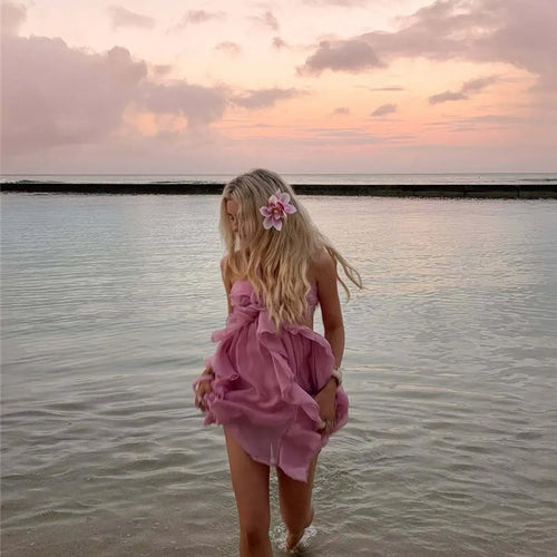 Load image into Gallery viewer, Rose Halter Backless Sexy Mini Dress Women Pink Off-shoulder Strapless Sleeveless High Waist Club Party Beach Dress
