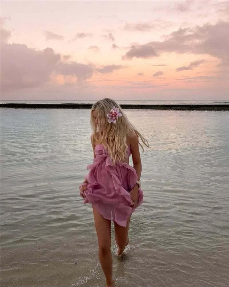 Rose Halter Backless Sexy Mini Dress Women Pink Off-shoulder Strapless Sleeveless High Waist Club Party Beach Dress