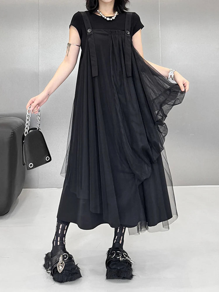 Women Black Irregular Mesh Big Size Strap Dress New Square Collar Sleeveless Fashion Tide Spring Autumn 2025 1DJ1413