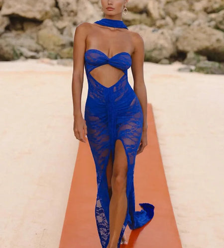 Lace See Through Strapless Sexy Maxi Dress For Women Gown Halter Hollow Out Sleeveless Backless High Split Long Dress