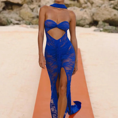 Load image into Gallery viewer, Lace See Through Strapless Sexy Maxi Dress For Women Gown Halter Hollow Out Sleeveless Backless High Split Long Dress
