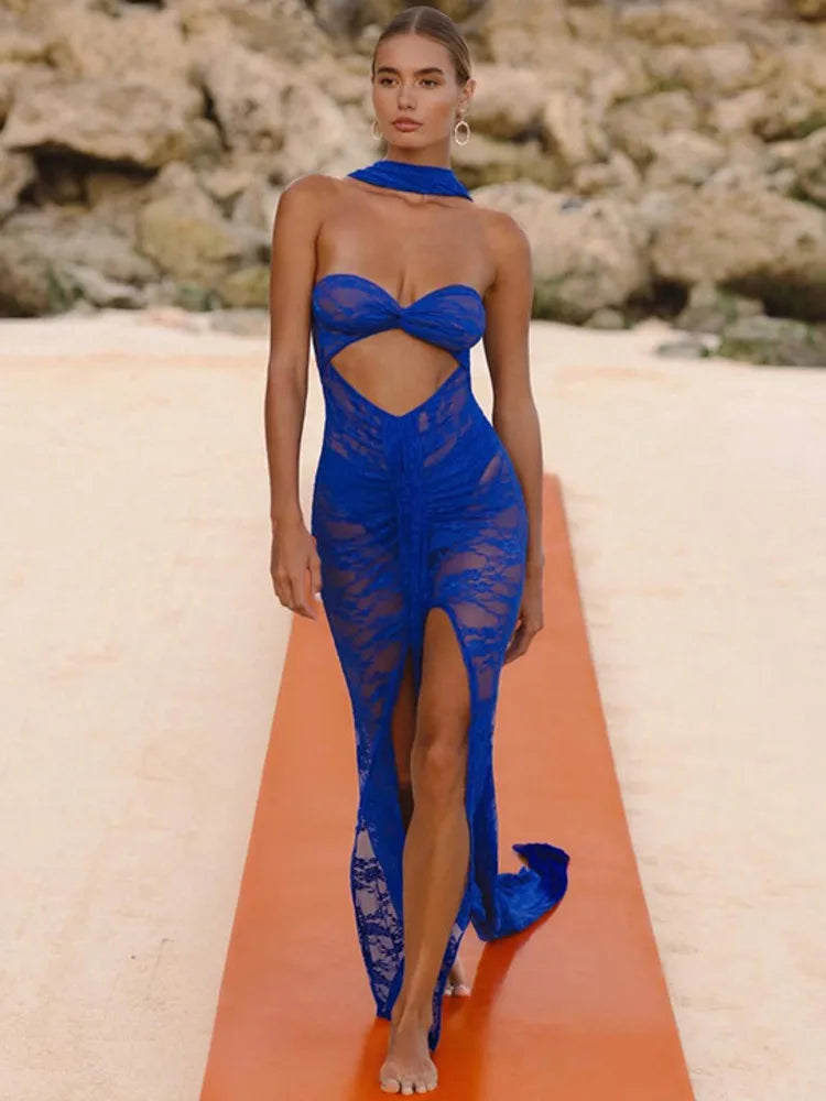 Lace See Through Strapless Sexy Maxi Dress For Women Gown Halter Hollow Out Sleeveless Backless High Split Long Dress