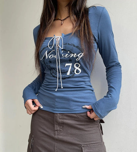 Streetwear Letter Printed Slim Autumn T-shirts for Women Lace Up Harajuku Top Square Neck Retro Tee Shirts Aesthetic