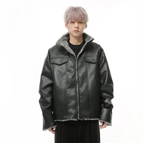 Load image into Gallery viewer, High Street Men&#39;s PU Leather Jackets Casual Stand Collar Reversible Fleece Solid Color Loose Male Coats Streetwear 9C9339
