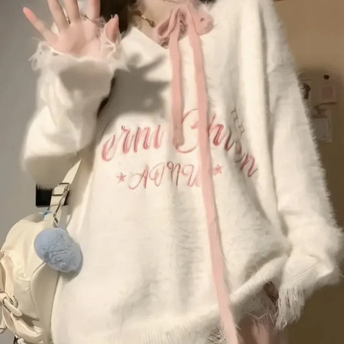 Load image into Gallery viewer, New Sexy Fashion Streetwear Outfits 2025 Spring Autumn Ripped Loose Women Pullover Y2k Aesthetic Letter Embroidery Grunge Tops
