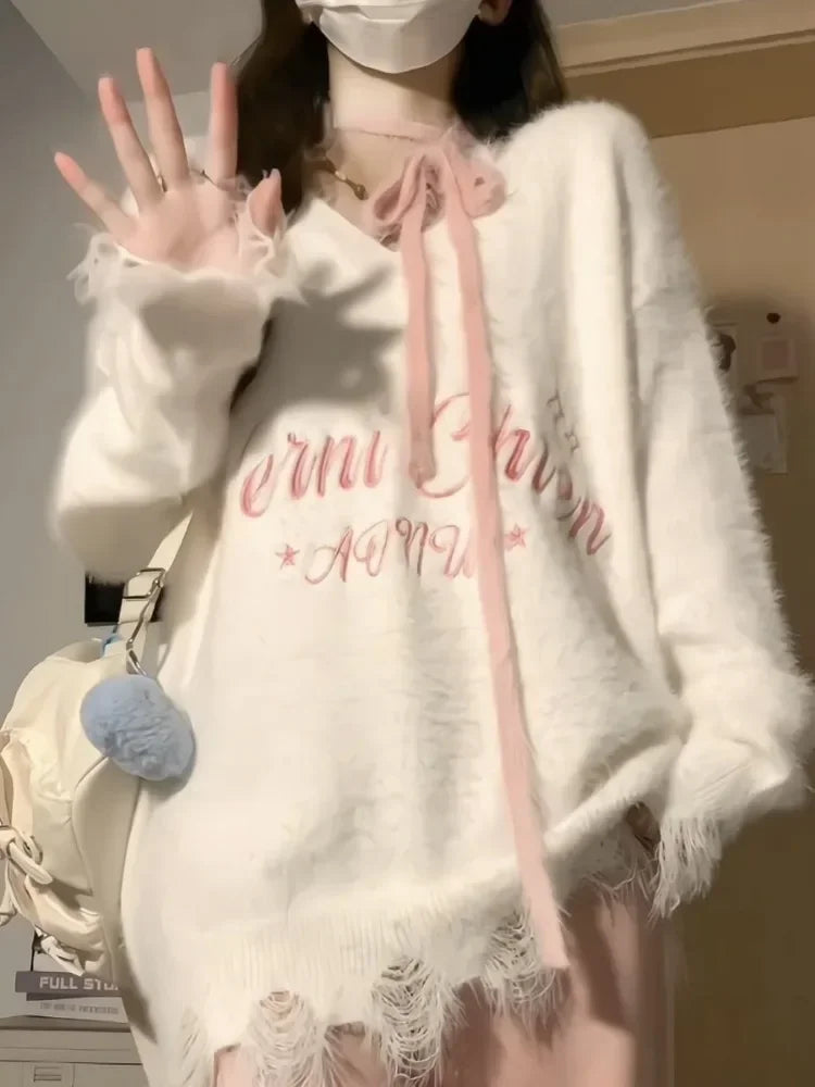 New Sexy Fashion Streetwear Outfits 2025 Spring Autumn Ripped Loose Women Pullover Y2k Aesthetic Letter Embroidery Grunge Tops