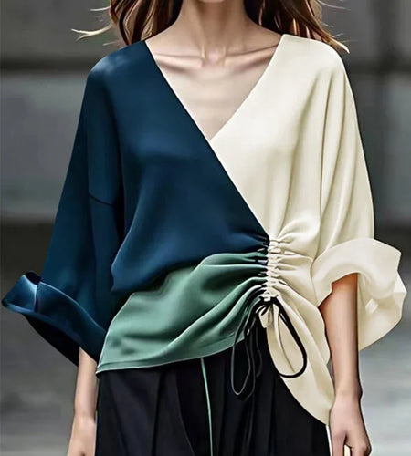 Fall Blouses for Women 2024 Fashion V-Neck Drawstring New Contrast Color Loose Long Sleeves Elegant Shirts Tops