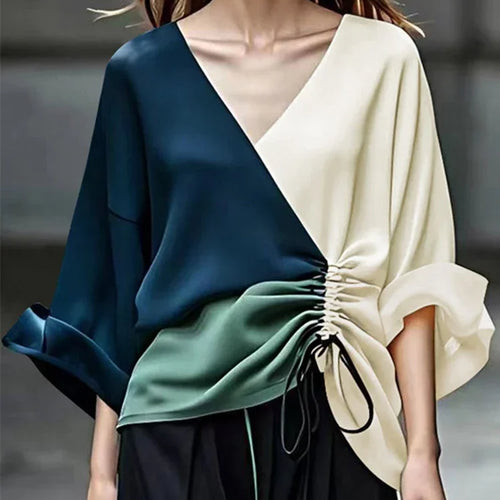 Load image into Gallery viewer, Fall Blouses for Women 2024 Fashion V-Neck Drawstring New Contrast Color Loose Long Sleeves Elegant Shirts Tops

